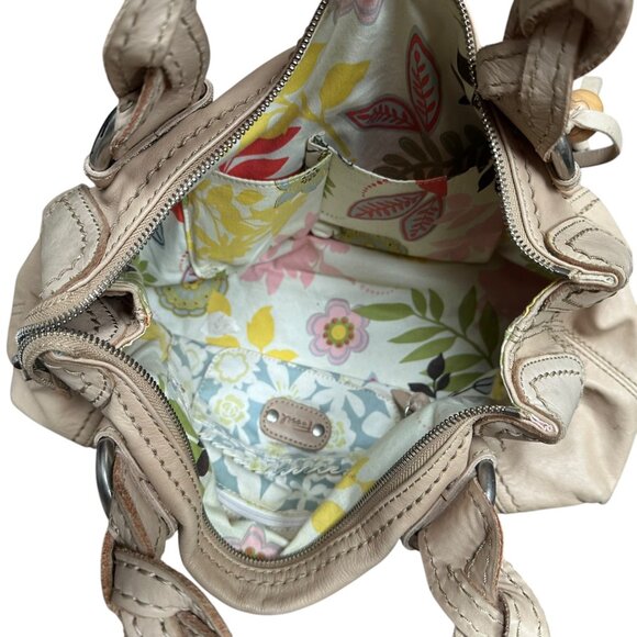 Fossil Leather Handbag Beige Braided Handles Hobo Retro Y2K With Floral Lining. - Picture 9 of 11